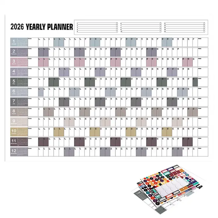 Affiche de calendrier mural annuel 2026 avec autocollants