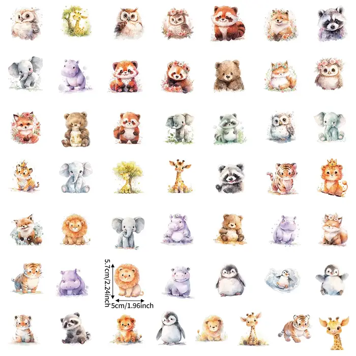 Pack de 50 autocollants d’animaux mignons