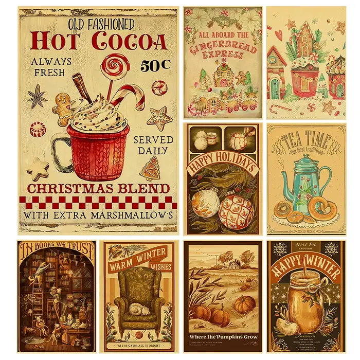 Affiches rétro de dessert de cacao de Noël, art vivant vintage, image de toile, cadeaux de décoration de bureau, peinture de décoration à la maison, 73