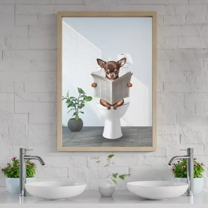 Affiche de journaux de lecture d'animaux assis sur la toilettes