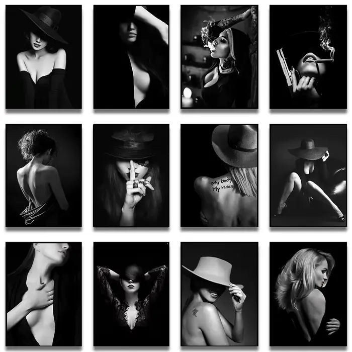 Mode femme fumer Sexy nu Art toile peinture moderne noir blanc