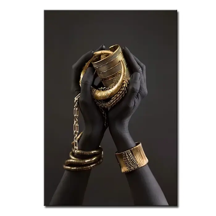 Affiche de peinture sur toile d'art africain, main noire et or avec geste d'or, impressions d'art mu