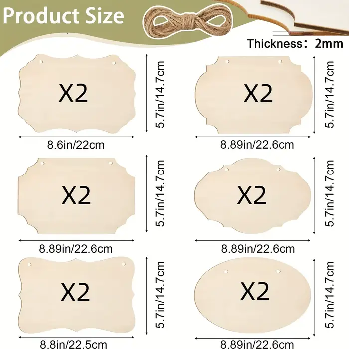 Planches en bois inachevés 12 pièces, 6 formes de panneaux en bois vierges, Plaques en bois avec cor
