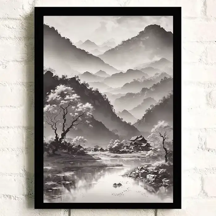 Affiche Vintage Asiatique Peinture de Paysage à l'Encre de Chine