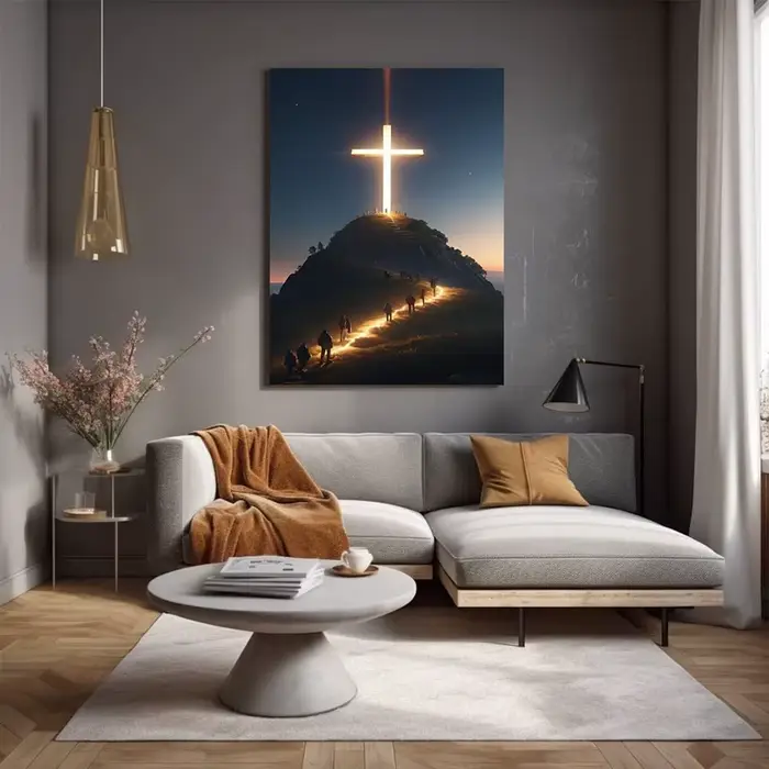 Peinture sur toile de croix chrétienne moderne sur le dessus de la montagne