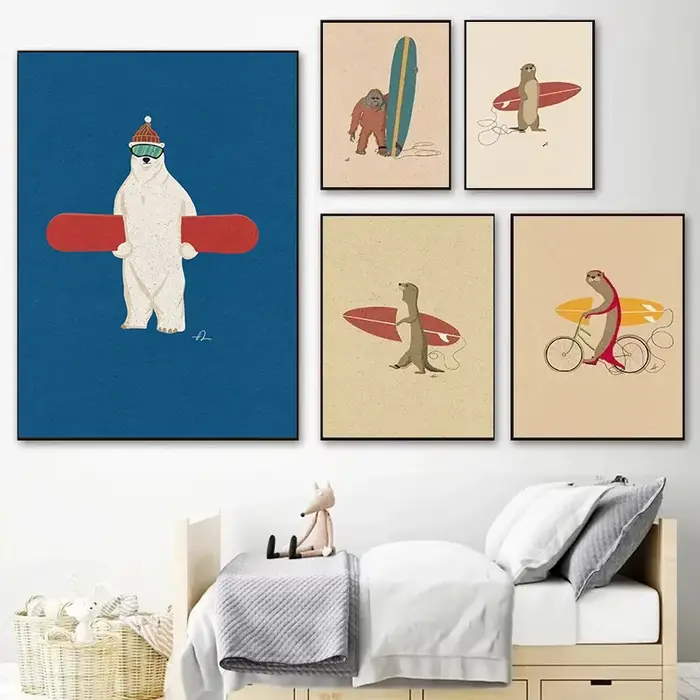 Affiches d'animaux de surf amusants