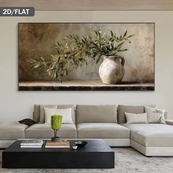 Branche d'olivier moderne sans cadre dans un pot blanc, mur d'olivier vert olive beige marron, affic