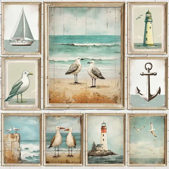 Affiche nautique de voilier de phare de mouette Vintage