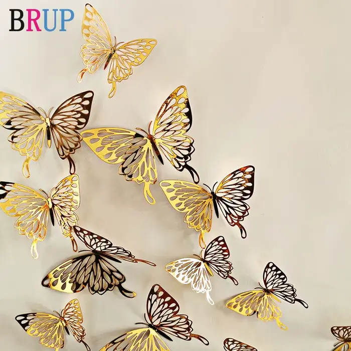 Autocollants muraux papillon doré et argenté creux 3D
