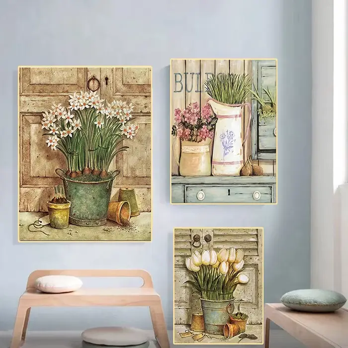 Affiches et College de plantes et de fleurs en pot rétro européens
