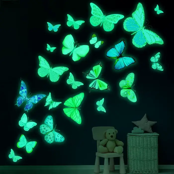 Autocollants muraux papillons lumineux 3D, papillons colorés brillants, papier peint pour chambre à