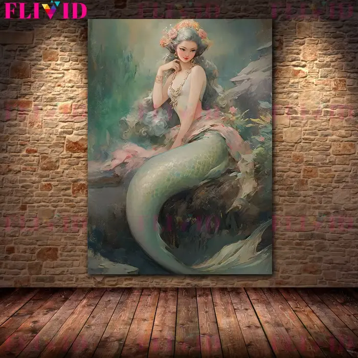 Sirène sur le récif vintage peinture à l'huile sur toile