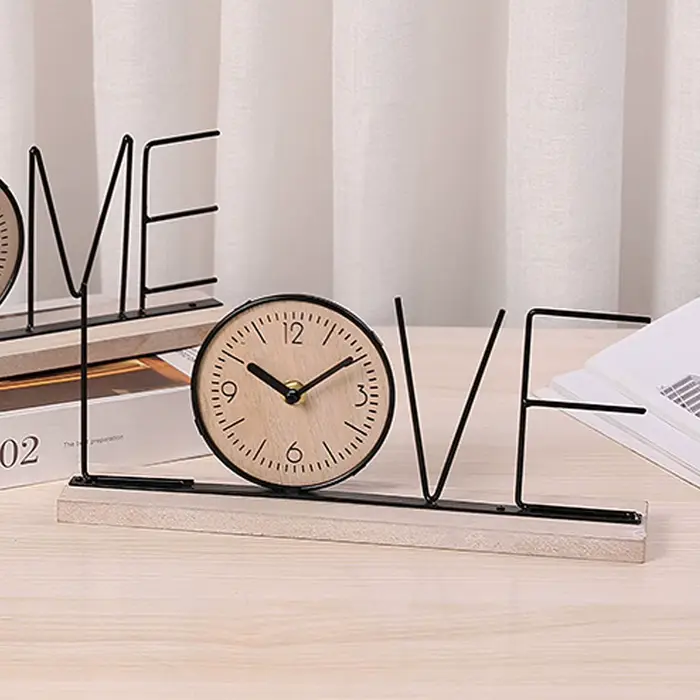 1Pc étagère de bureau horloge bois fer Art à piles moderne décoratif lettre Table horloge ornement pour salon salle à manger