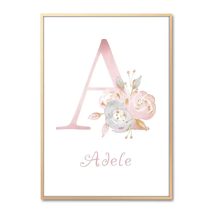 Affiche murale personnalisée avec nom de bébé fille, image d'art rose, lettre fleur, décor de salon