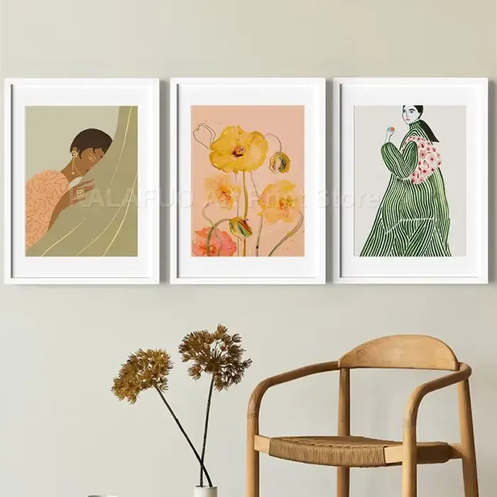 Toile d'art mural avec Illustration minimaliste de fleur de femme colorée abstraite