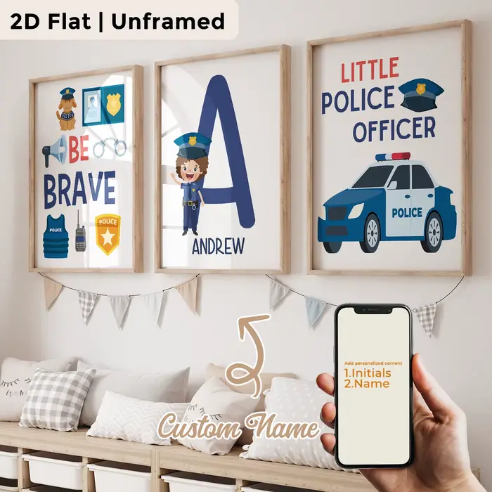 3 pièces d'art mural personnalisé avec nom, voiture de police, impression sur toile, affiche, peintu