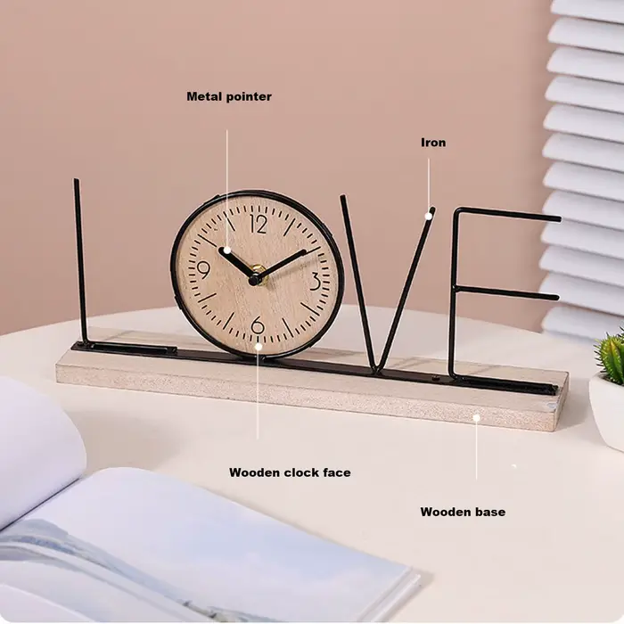1Pc étagère de bureau horloge bois fer Art à piles moderne décoratif lettre Table horloge ornement pour salon salle à manger
