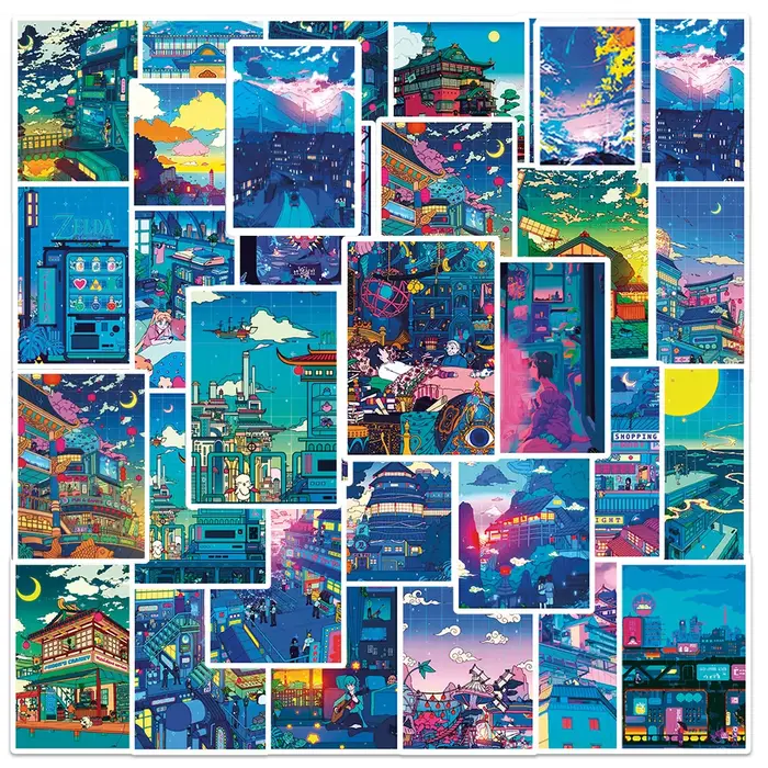 10/30/50pcs mignon Art rue vue nocturne dessin animé autocollants esthétique Ins décalcomanies Scrapbook téléphone ordinateur portable bagages autocollant mural enfant jouet