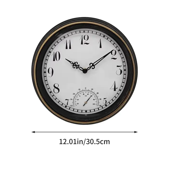 Horloge murale extérieure étanche avec thermomètre IP44 horloge de décoration de jardin ronde Vintage 12 pouces horloge extérieure-ABXK