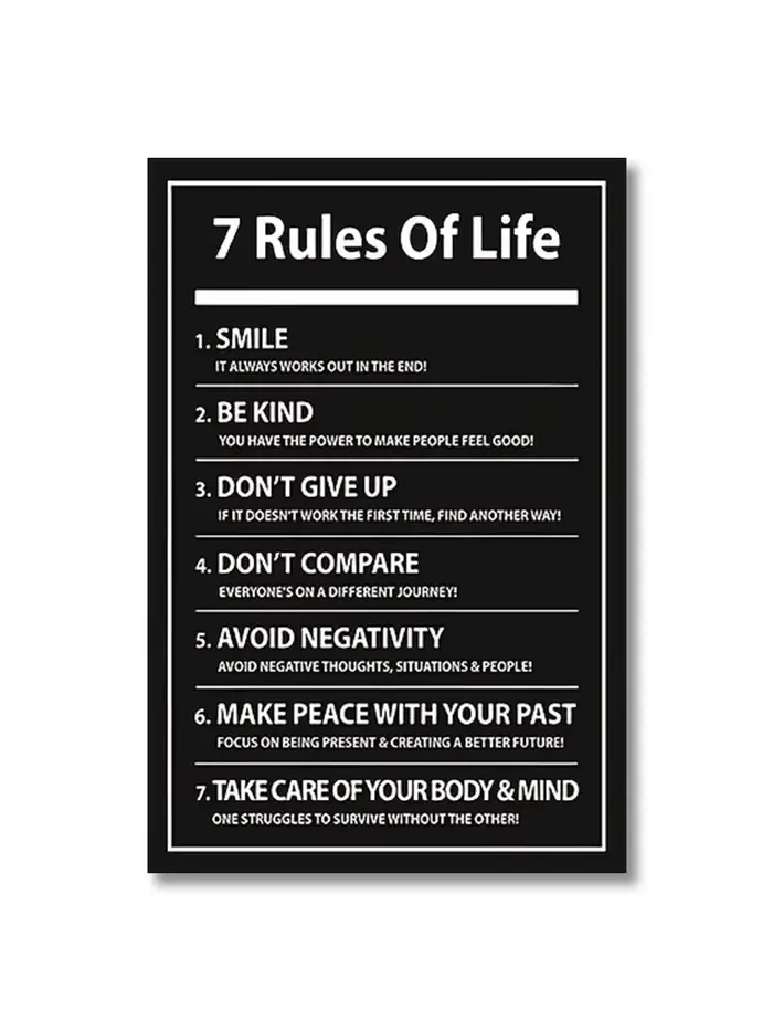 7 règles de vie: lettres inspirantes, imprimés noirs, citation de motivation, affiche en toile pour 