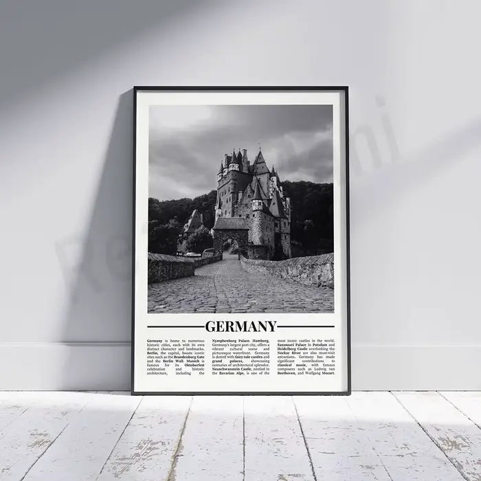 Affiche de voyage en noir et blanc, Paris, France, mer, Tour Eiffel, Suisse, Zurich, Allemagne, Biel