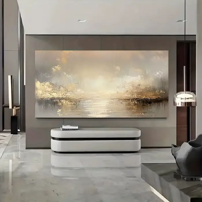 Grande peinture à l'huile texturée abstraite beige et dorée – Art mural sans cadre pour salon, chamb