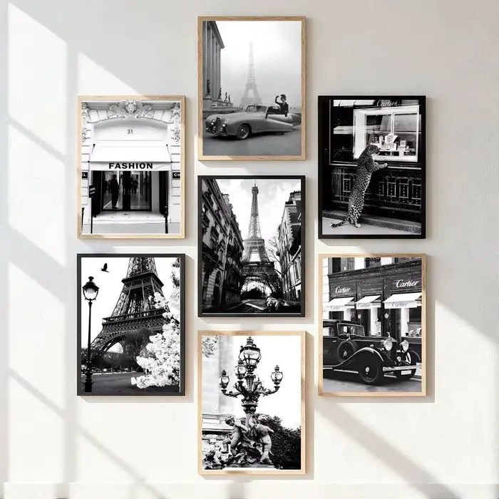 Affiche d'art de style anime, noir et blanc, à la mode, sur l'architecture rétro de Paris, la tour Eiffel, décoration de maison, décoration de chambre parfaite