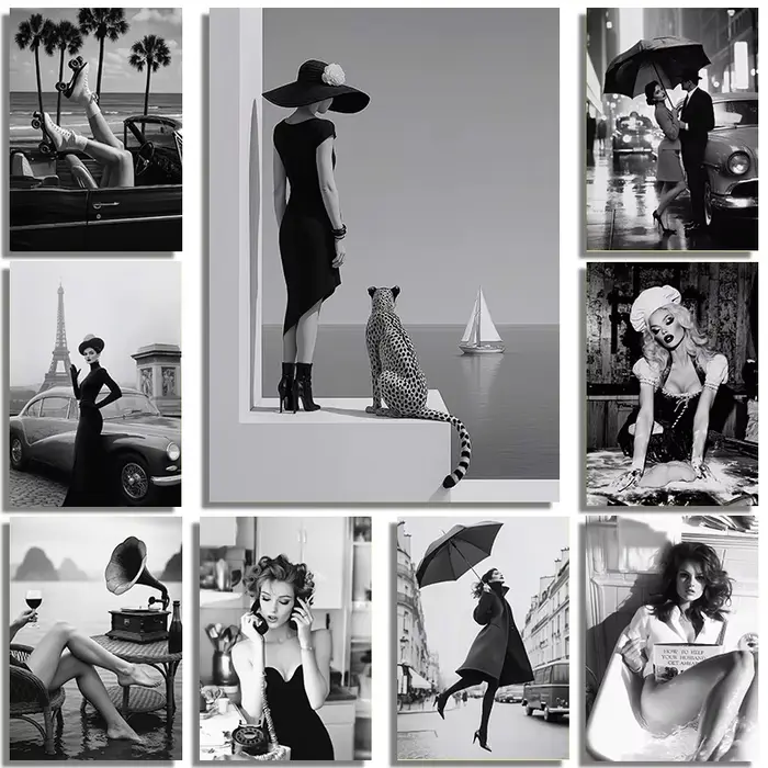 Affiche d'art de portrait de modèle sexy en noir et blanc
