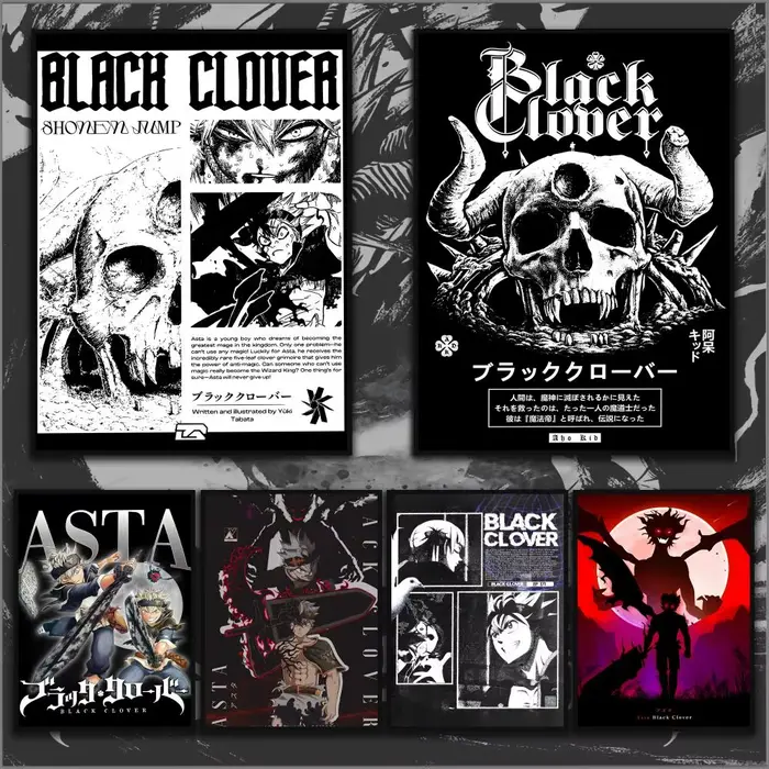 B-B-Black Anime Clover Poster Aesthetic HD PVC Wall Art - Imperméable et réutilisable pour la maison