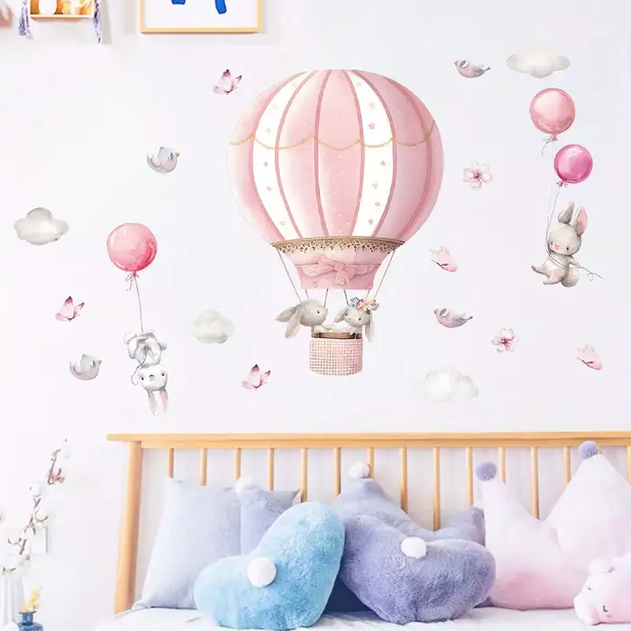 Autocollants muraux de nuages de ballon rose de lapin mignon de dessin animé, 2 pièces, décor de cha