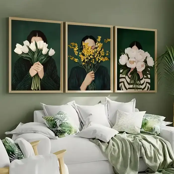 Toile imprimée de figurines abstraites vertes avec fleur