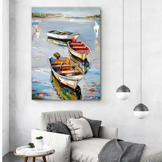 Toile de peinture à l'huile de bateau, paysage de mer abstrait, imprimés d'art mural, affiches pour