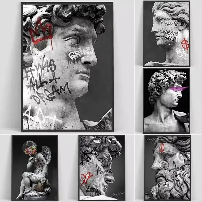 1 peinture sur toile, statue de David