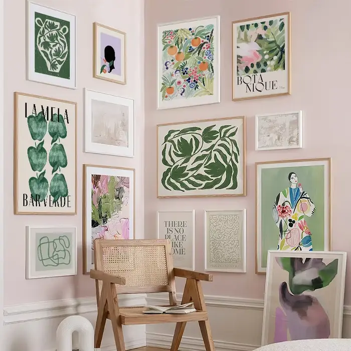 Toile à l'huile imprimée d'art mural, peinture de feuilles vertes, pomme, abricot, fleur, fille, affiches abstraites pour décor de salon, image murale