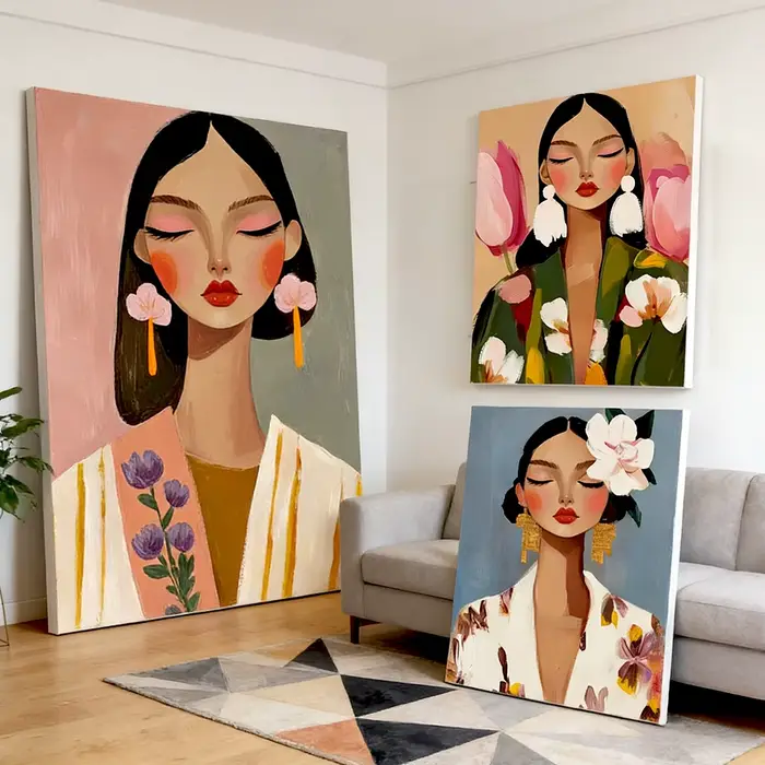 Peinture sur toile moderne minimaliste de portrait féminin floral