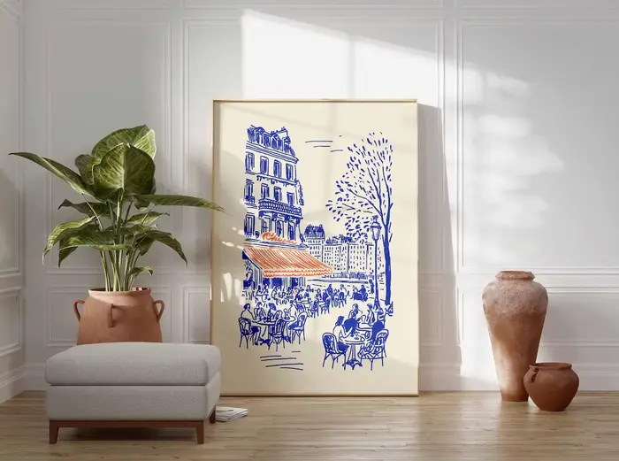 Affiche d'art linéaire sur le thème des cafés de Paris