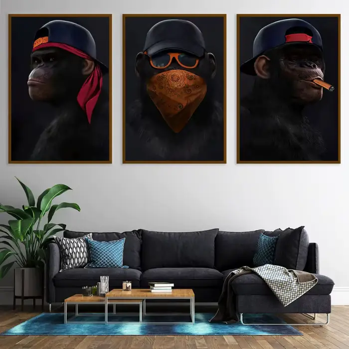 Trois Noir Orang-outan POP Mur Art Toile Affiche Singe Maison Décoration Peinture À L'huile Murale Photo Imprimé Oeuvre