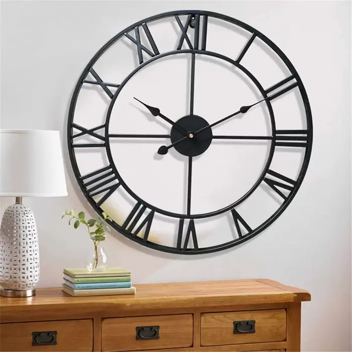 Grandes horloges murales 3D modernes, chiffres romains, rétro, rondes, en métal, fer, précis, silenc