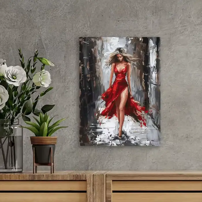 Peinture sur toile de femme élégante en robe rouge