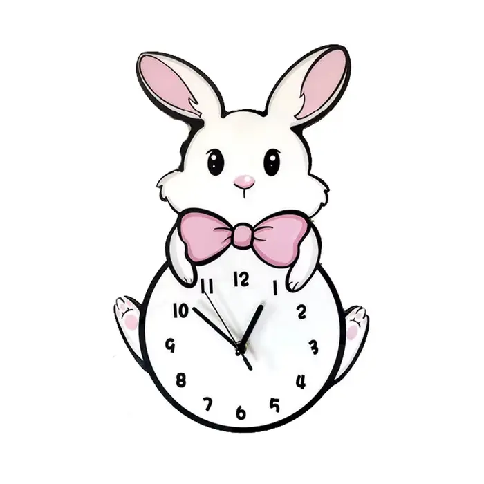 Créatif mignon petit lapin blanc horloge murale suspendue décorative dessin animé horloge murale sil