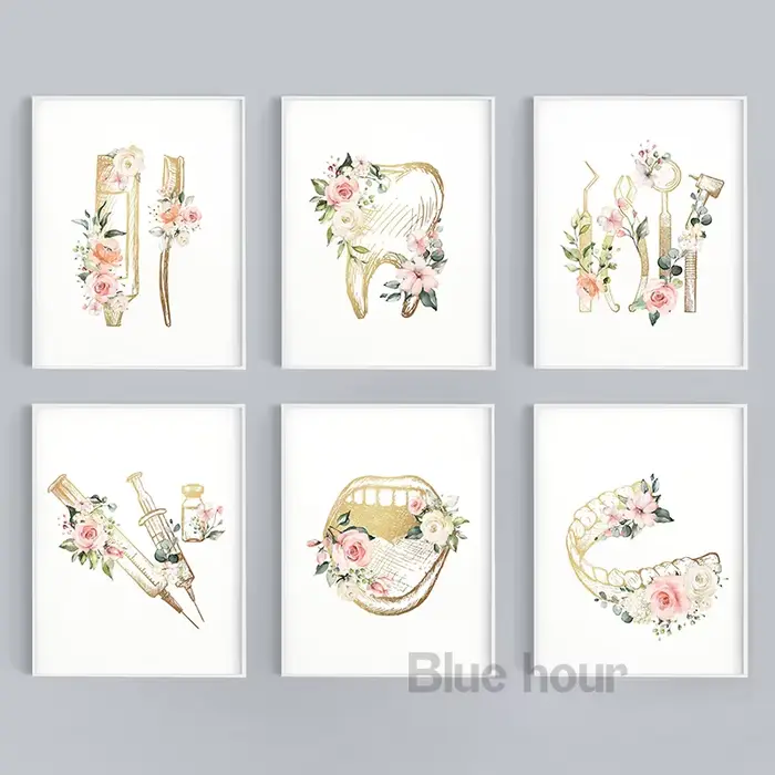 Affiches d'art mural de dentiste en or avec fleurs