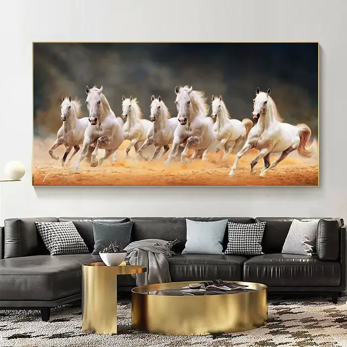 Toile de 7 chevaux de course blancs