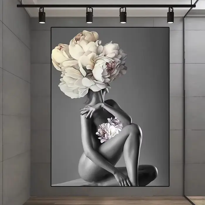 Toile de peinture murale pour femmes et fleurs, impression abstraite de la fille avec des fleurs sur sa tête, surréalisme, imaginez l'affiche, décor de salle