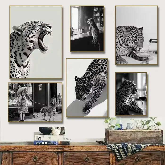 Affiche d'art imprimée de poulet rugissant de léopard: peinture sur toile d'animal de luxe noir et blanc pour la décoration de la maison du salon