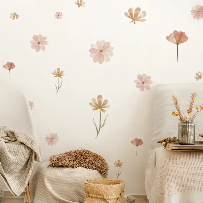 Autocollant mural fleur bohème aquarelle pour chambre d'enfant, salon, décoration d'intérieur, art é
