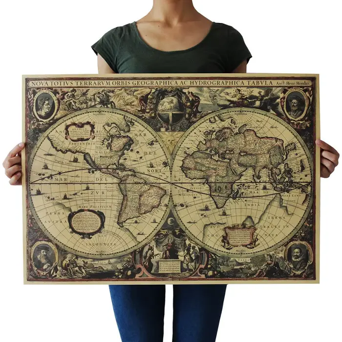 Affiche carte du monde vintage, carte du globe rétro, atlas personnalisé, décoration pour bureau et 