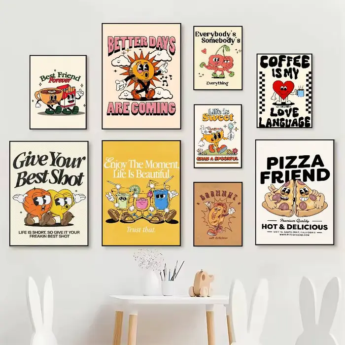 Affiche rétro pop de dessins animés sur le thème de la nourriture