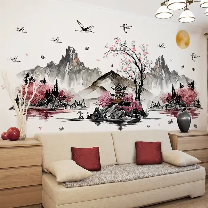 Autocollants muraux grue de peinture de paysage de Style chinois