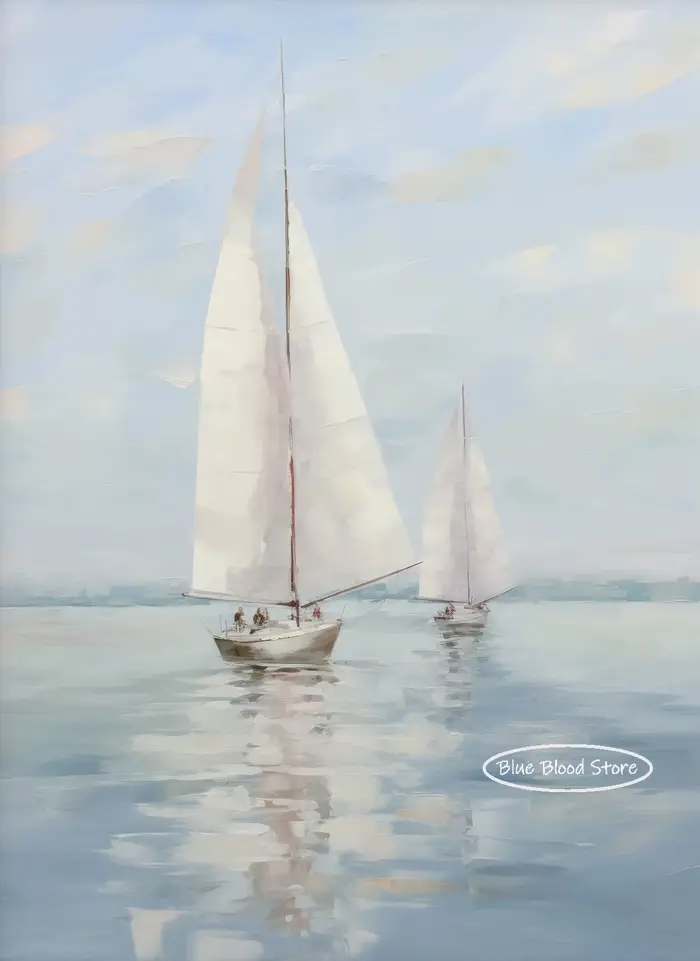 AZNM Affiche sur toile et tableau de peinture à l'huile vintage, motif bateau à voile, maison de lac