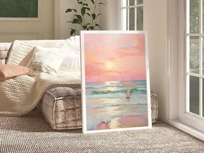 Affiche encadrée imprimée Coucher de soleil pastel rose poudré